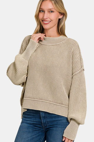 Zenana Exposed Seam Round Neck Dropped Shoulder Sweater Trendsi