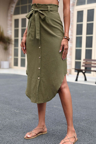 Perfee Tie Belt Frill Trim Buttoned Skirt Trendsi