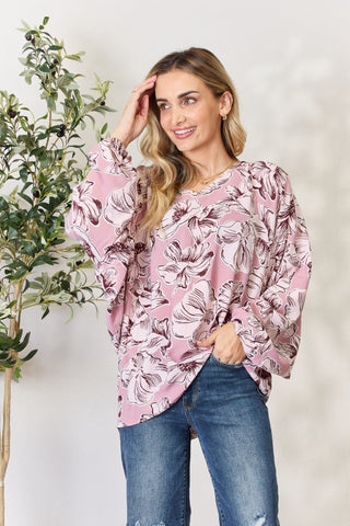 Heimish Full Size Floral V-Neck Balloon Sleeve Blouse Trendsi