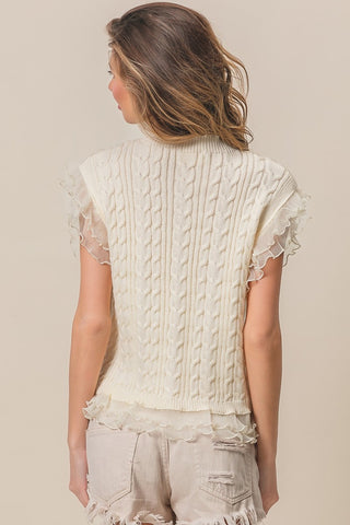 BiBi Layered Pleat Chiffon Edge Cable Knit Top Trendsi