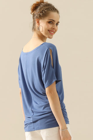 Ninexis Boat Neck Short Sleeve Ruched Side Top Trendsi