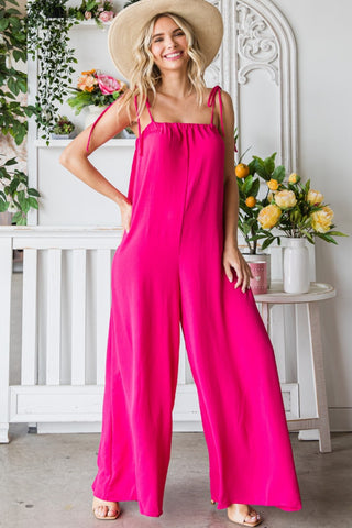 Veveret Pocketed Spaghetti Strap Wide Leg Jumpsuit Trendsi