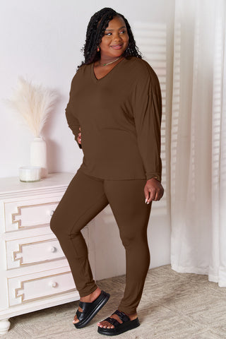 Basic Bae Full Size V-Neck Soft Rayon Long Sleeve Top and Pants Lounge Set Trendsi