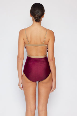 Marina West Swim Wave Break Contrast Trim One-Piece in Wine Trendsi