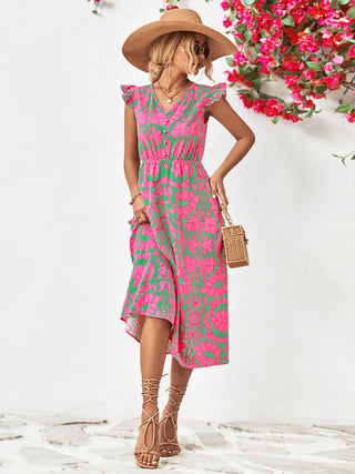 Printed V-Neck Cap Sleeve Dress Trendsi