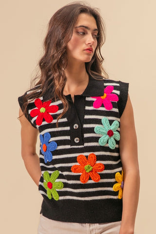 BiBi Flower Patch Striped Half Button Sweater Vest Trendsi