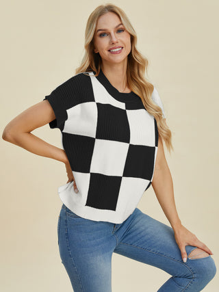 Double Take Full Size Checkered Round Neck Short Sleeve Sweater Trendsi