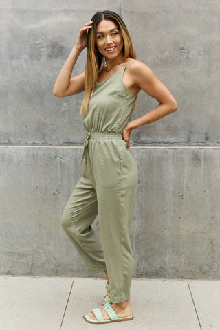 ODDI Full Size Textured Woven Jumpsuit in Sage Trendsi