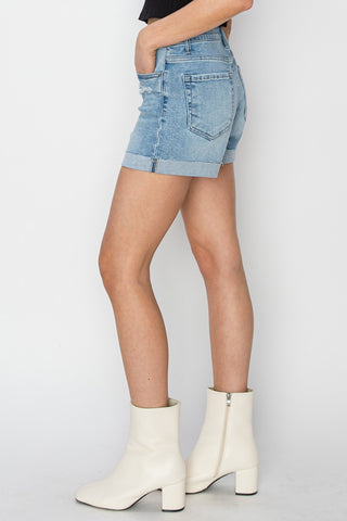 RISEN Distressed Mid-Rise Waist Denim Shorts Trendsi