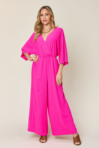 Double Take Full Size Surplice Wide Leg Jumpsuit with Pockets Trendsi