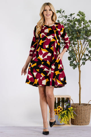 Celeste Full Size Geometric Round Neck Dress with Pockets Trendsi