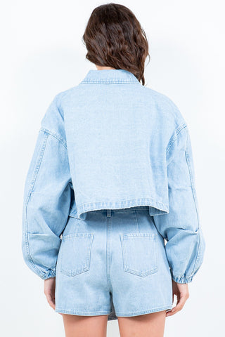 American Bazi Drawstring Waist Crop Denim Jacket Trendsi