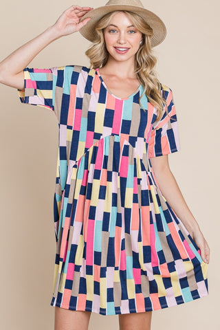 BOMBOM Ruched Color Block Short Sleeve Mini Dress Trendsi