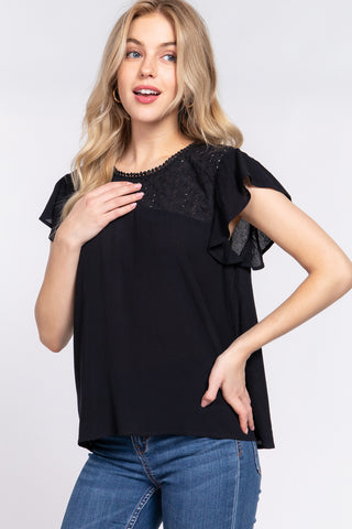 ACTIVE BASIC Ruffle Short Sleeve Crochet Blouse Trendsi