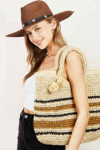 Fame Striped Straw Braided Tote Bag Trendsi