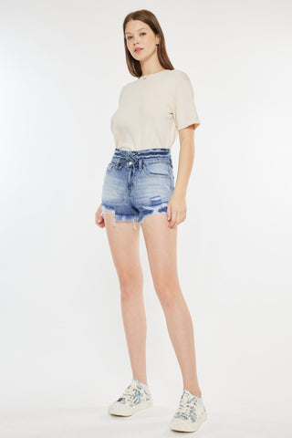 Kancan High Rise Frayed Hem Denim Shorts Trendsi