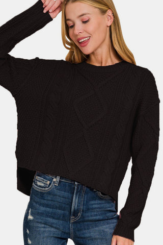 Zenana Cropped High Low Cable Sweater with Side Slits Trendsi