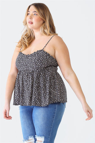 Zenobia Plus Size Frill Smocked Floral Sweetheart Neck Cami Trendsi