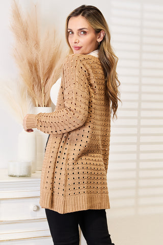 Woven Right Openwork Horizontal Ribbing Open Front Cardigan Trendsi