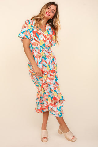 Haptics Full Size Tropical Floral Tiered Dress with Side Pockets Trendsi