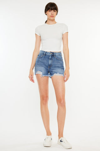 Kancan Distressed Raw Hem High Waist Denim Shorts Trendsi