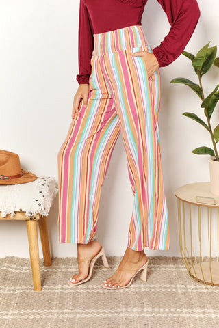 Double Take Striped Smocked Waist Pants with Pockets Trendsi