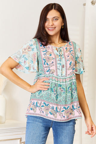 Perfee Floral Tie Neck Short Sleeve Blouse Trendsi