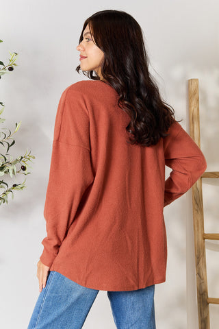 BOMBOM Drop Shoulder Long Sleeve Blouse with Pockets Trendsi