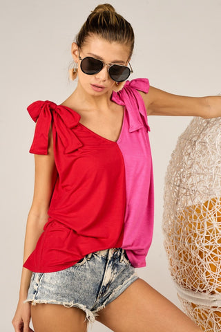 BiBi Shoulder Ribbon Tied Contrast Tank Trendsi