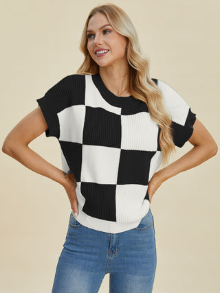 Double Take Full Size Checkered Round Neck Short Sleeve Sweater Trendsi