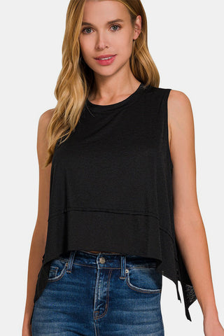 Zenana Exposed Seam Slit Round Neck Tank Trendsi