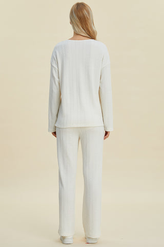 Double Take Full Size Cable-Knit Long Sleeve Top and Pants Set Trendsi