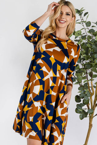 Celeste Full Size Geometric Round Neck Dress with Pockets Trendsi