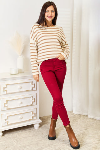 Double Take Striped Boat Neck Sweater Trendsi