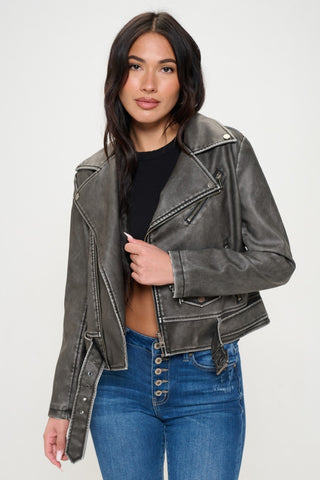 Coalition LA Zip Up Biker Jacket with Belt Trendsi