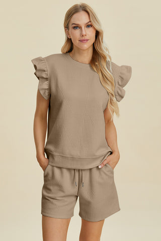 Double Take Full Size Texture Round Neck Ruffle Sleeve Top and Shorts Set Trendsi