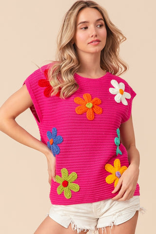 BiBi Flower Round Neck Cap Sleeve Knit Top Trendsi