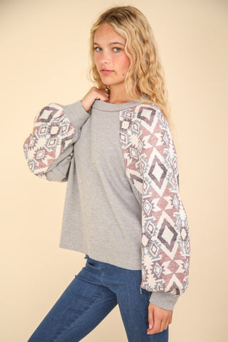 VERY J Printed Long Sleeve Round Neck Knit Top Trendsi