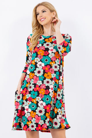 Celeste Full Size Floral Three-Quarter Sleeve Dress with Pockets Trendsi