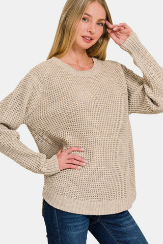 Zenana High Low Long Sleeve Waffle Sweater Trendsi