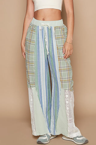 POL Drawstring Plaid Print Lace Straight Pants Trendsi