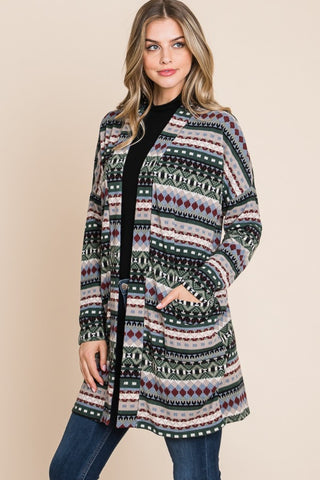 BOMBOM Geometric Open Front Long Sleeve Cardigan with Pockets Trendsi