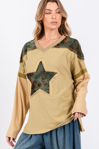 SAGE + FIG Star Patch Long Sleeve Color Block T-Shirt Trendsi