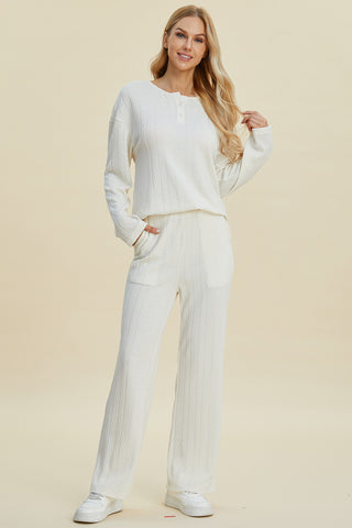 Double Take Full Size Cable-Knit Long Sleeve Top and Pants Set Trendsi