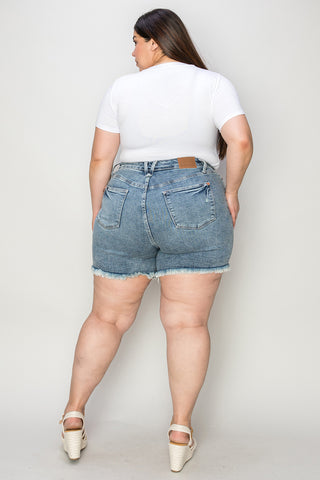 Judy Blue Full Size Button Fly Raw Hem Denim Shorts Trendsi