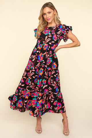 Haptics Ruffled Printed Round Neck Cap Sleeve Dress Trendsi