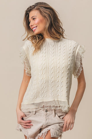 BiBi Layered Pleat Chiffon Edge Cable Knit Top Trendsi