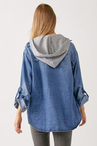 RISEN Zip Up Hooded Denim Shirt Trendsi