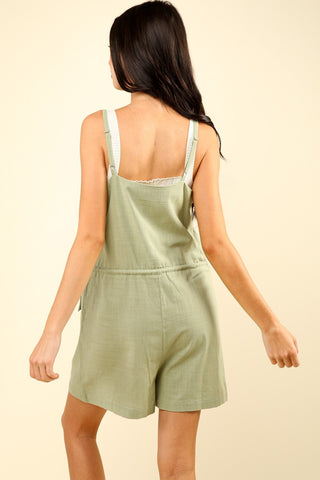 VERY J Half Button Drawstring Sleeveless Romper Trendsi