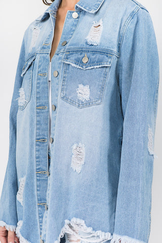 American Bazi Distressed Frayed Hem Denim Jacket Trendsi